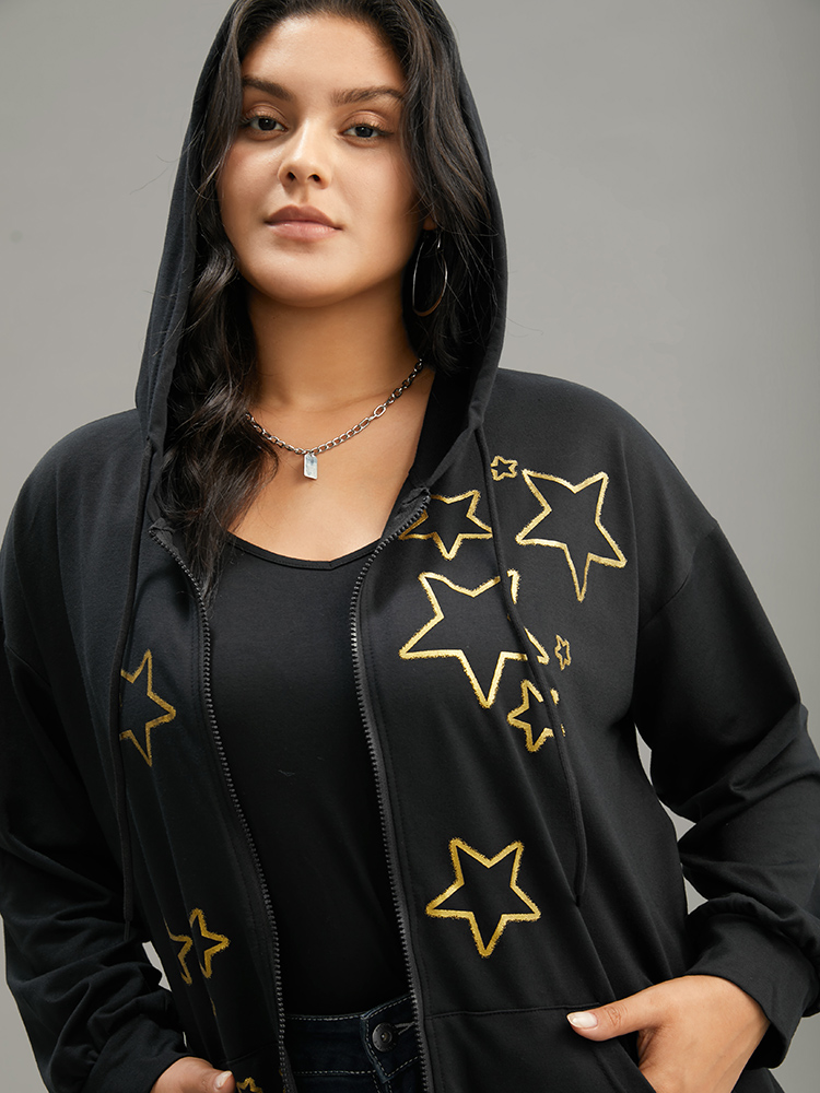 

Plus Size Star Zipper Pocket Hooded Sweatshirt Women Black Casual Printed Hooded Dailywear Sweatshirts BloomChic