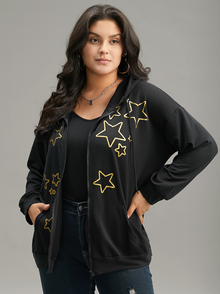Plus Size Women Dailywear Moon and Star Printed Regular Regular Sleeve Long Sleeve Hooded Pocket Casual Sweatshirts BloomChic 