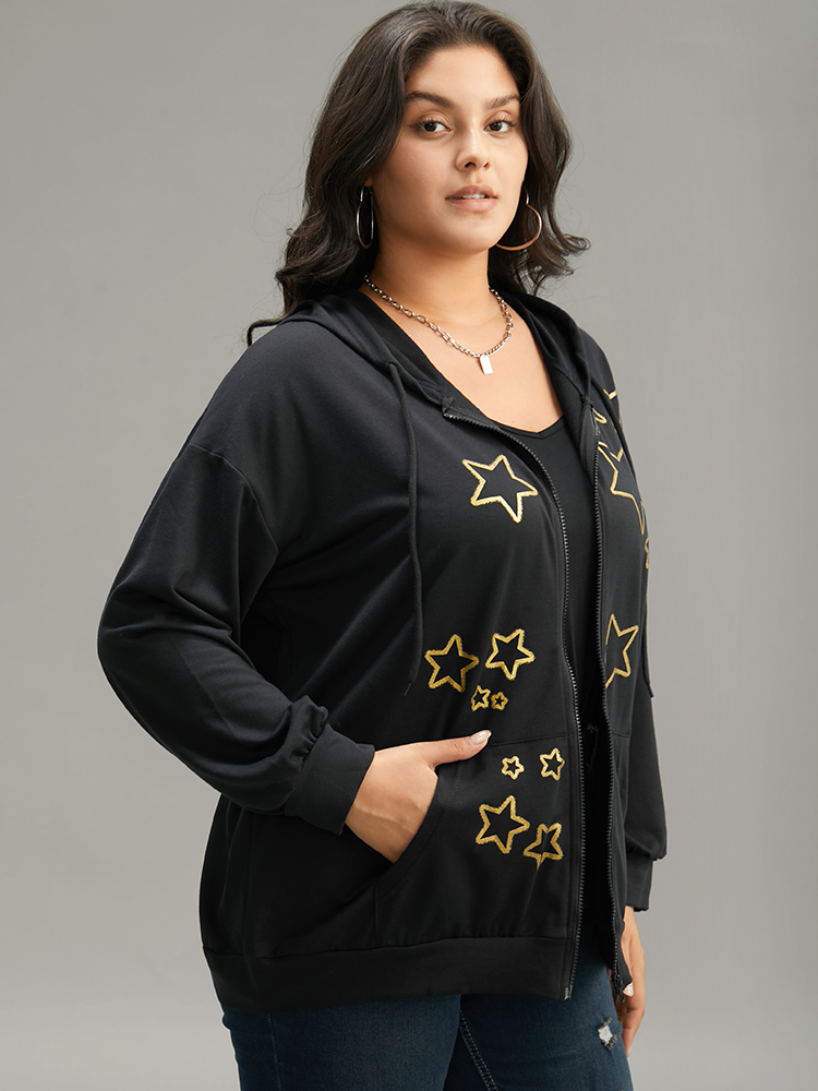 Plus Size Women Dailywear Moon and Star Printed Regular Regular Sleeve Long Sleeve Hooded Pocket Casual Sweatshirts BloomChic 