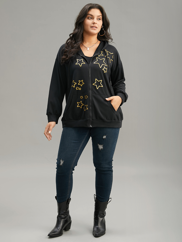 Plus Size Women Dailywear Moon and Star Printed Regular Regular Sleeve Long Sleeve Hooded Pocket Casual Sweatshirts BloomChic 
