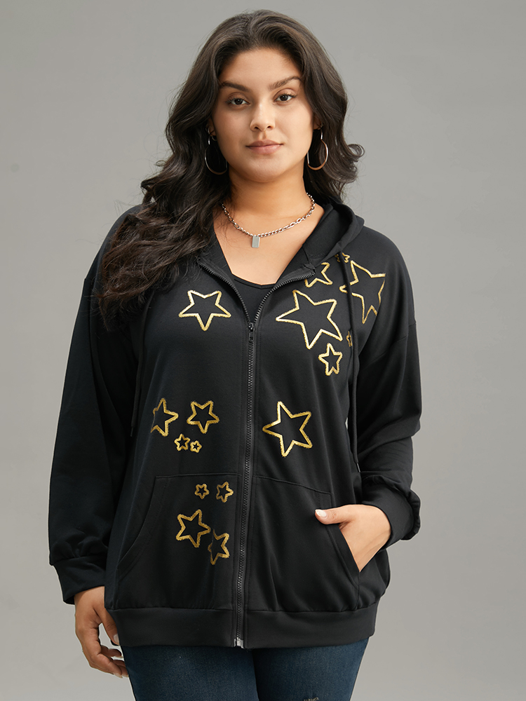 Plus Size Women Dailywear Moon and Star Printed Regular Regular Sleeve Long Sleeve Hooded Pocket Casual Sweatshirts BloomChic 