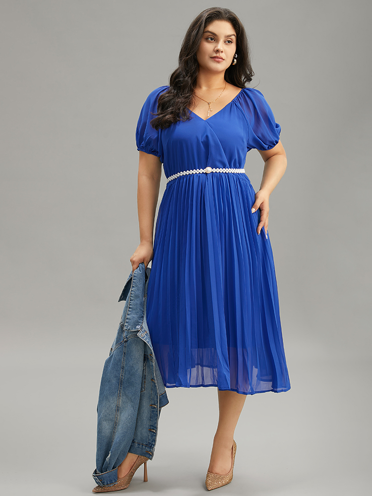 

Plus Size Plain Pleated V Neck Elastic Cuffs Puff Sleeve Dress Blue Women Elegant Elastic cuffs V-neck Short sleeve Curvy Midi Dress BloomChic