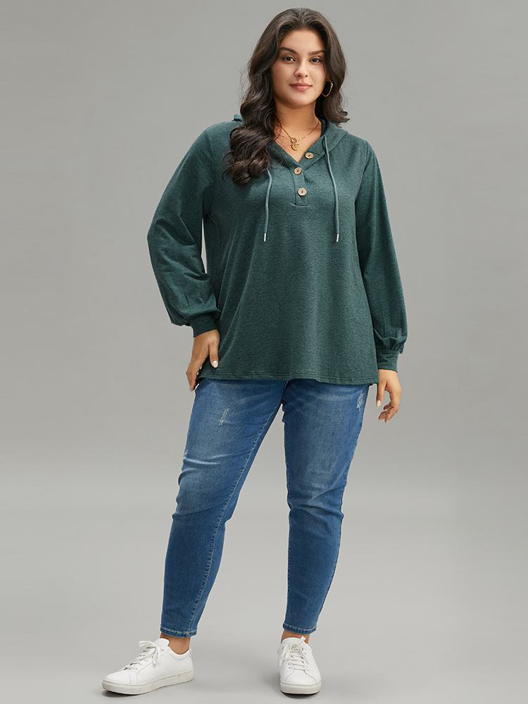 Plus Size Plain Drawstring Button Up Hooded Elastic Cuffs Sweatshirt Women Green Casual Elastic cuffs Hooded Dailywear Sweatshirts BloomChic 14-16/1X 