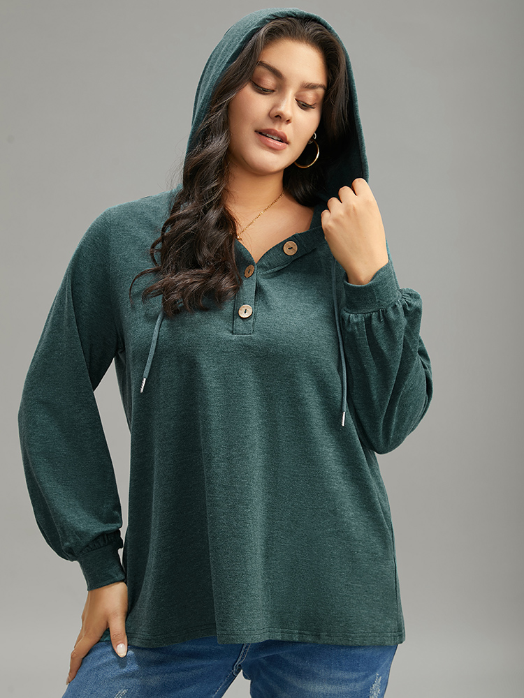 Plus Size Plain Drawstring Button Up Hooded Elastic Cuffs Sweatshirt Women Green Casual Elastic cuffs Hooded Dailywear Sweatshirts BloomChic 14-16/1X 