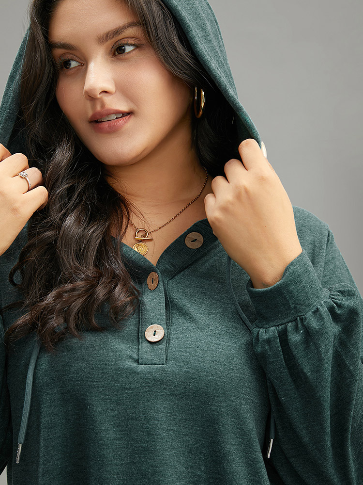 Plus Size Plain Drawstring Button Up Hooded Elastic Cuffs Sweatshirt Women Green Casual Elastic cuffs Hooded Dailywear Sweatshirts BloomChic 14-16/1X 