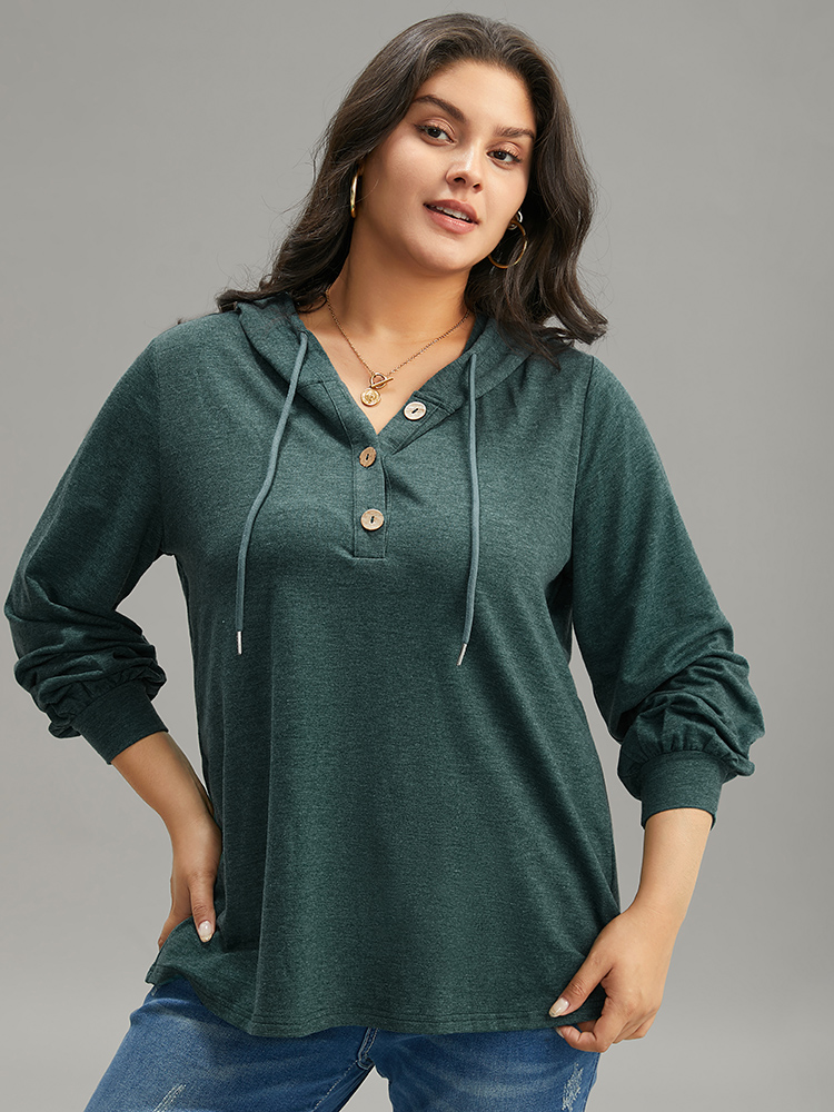Plus Size Plain Drawstring Button Up Hooded Elastic Cuffs Sweatshirt Women Green Casual Elastic cuffs Hooded Dailywear Sweatshirts BloomChic 14-16/1X 