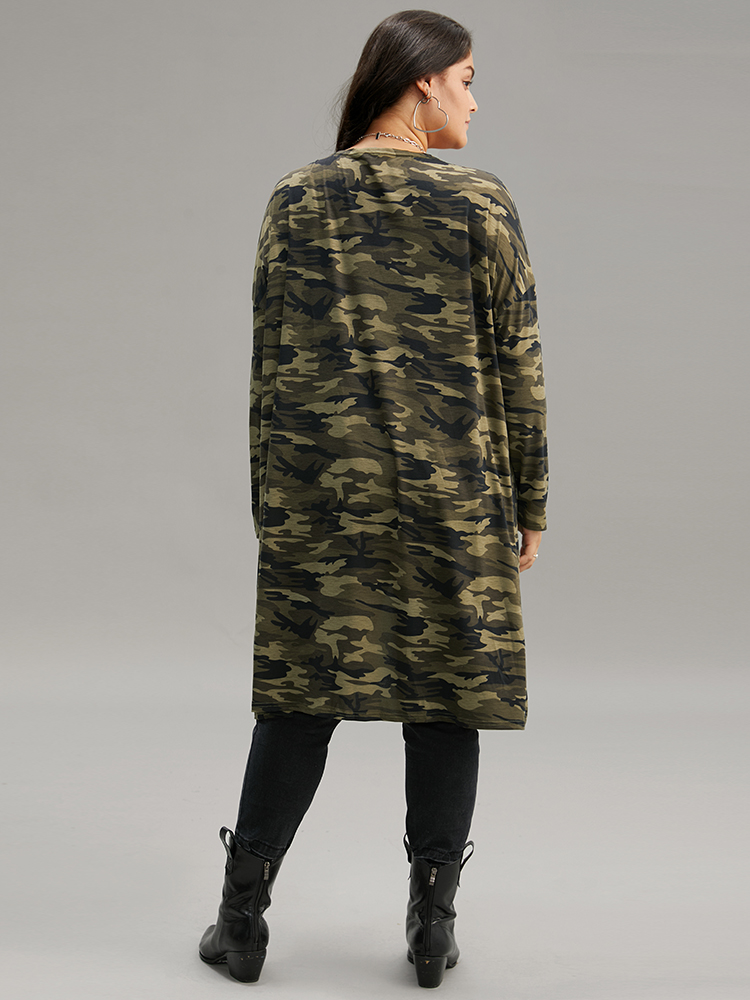 

Plus Size Camo Print Drape Open Front Pocket Coat Women ArmyGreen Casual Drape Ladies Dailywear Winter Coats BloomChic