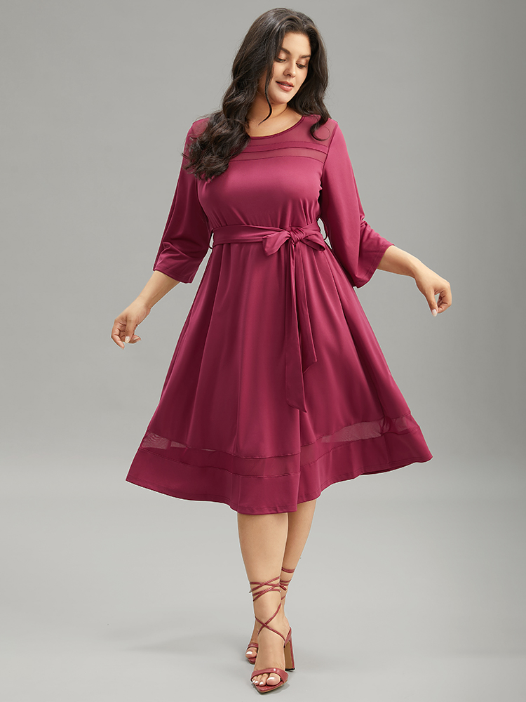 

Plus Size Patchwork Mesh Pocket Belted Dress Burgundy Women Elegant See through Round Neck Elbow-length sleeve Curvy Midi Dress BloomChic