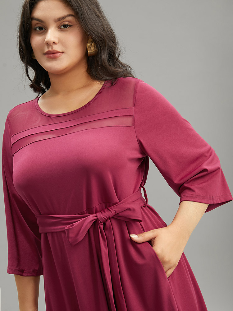 

Plus Size Patchwork Mesh Pocket Belted Dress Burgundy Women Elegant See through Round Neck Elbow-length sleeve Curvy Midi Dress BloomChic