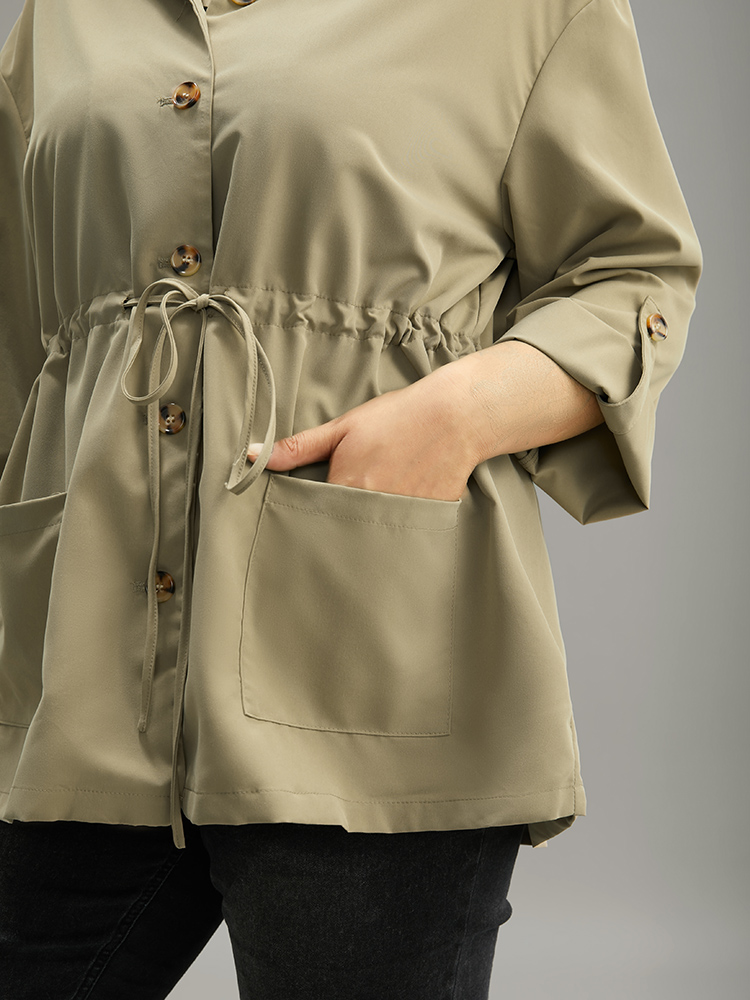 

Plus Size Plain Button Fly Pocket Drawstring Cuffed Sleeve Jacket Women Sage Casual Plain Ladies Dailywear Winter Coats BloomChic