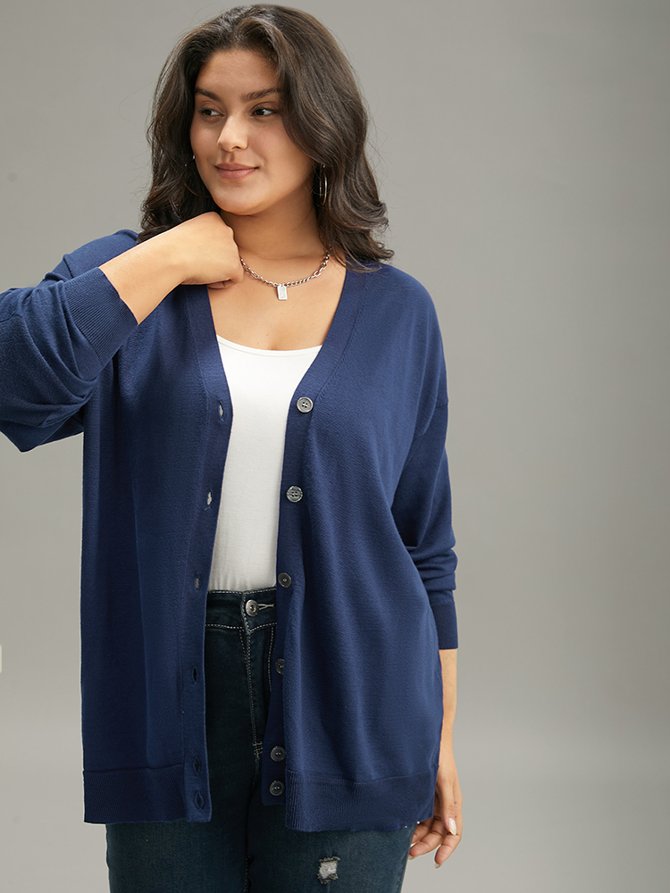

Plus Size Supersoft Essentials Plain Button Up Elastic Cuffs Cardigan Indigo Women Casual Loose Long Sleeve Everyday Cardigans BloomChic