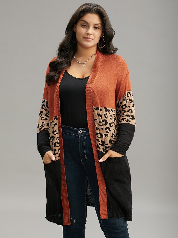 

Plus Size Leopard Colorblock Patchwork Patched Pocket Cardigan Multicolor Women Casual Loose Long Sleeve Dailywear Cardigans BloomChic