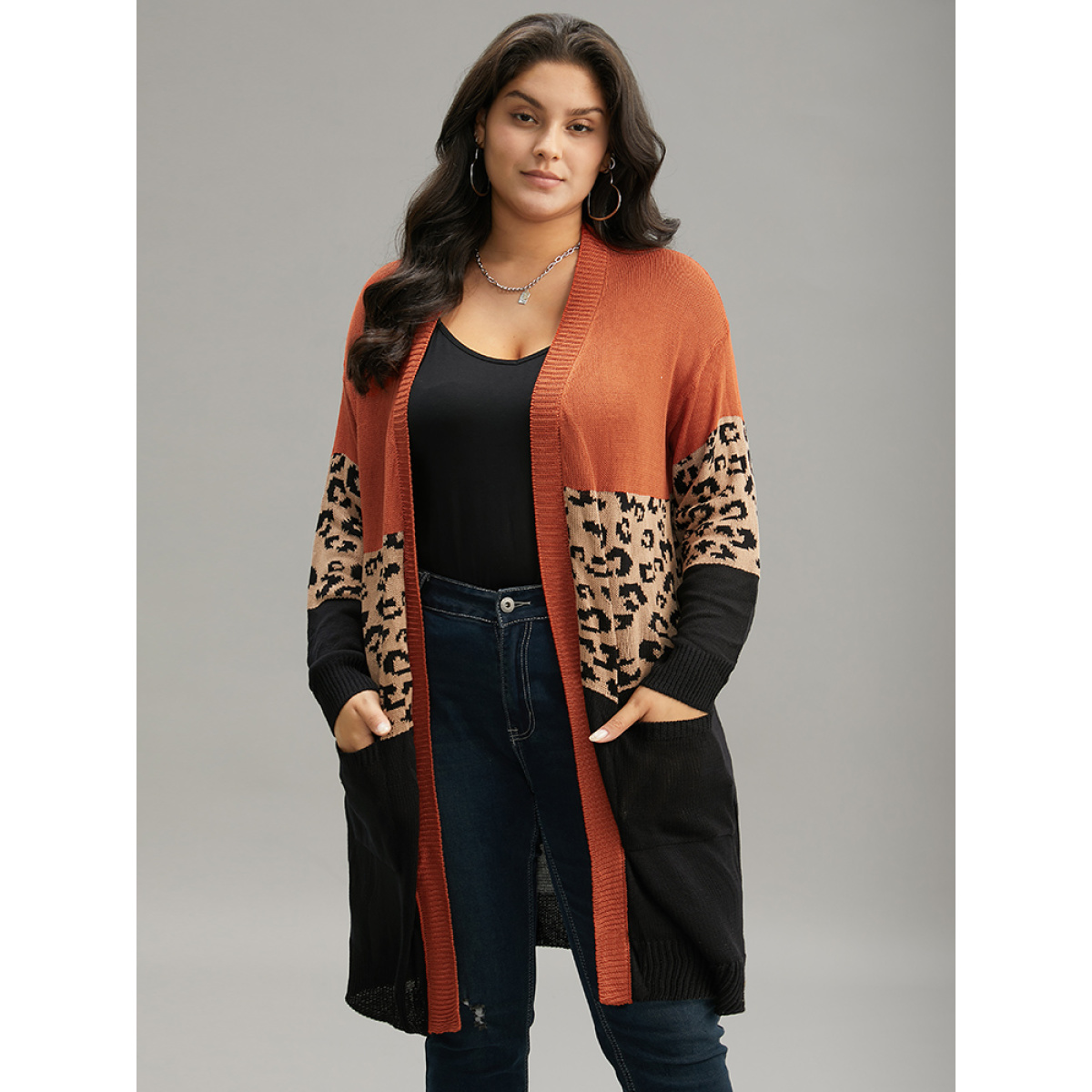 

Plus Size Leopard Colorblock Patchwork Patched Pocket Cardigan Multicolor Women Casual Loose Long Sleeve Dailywear Cardigans BloomChic