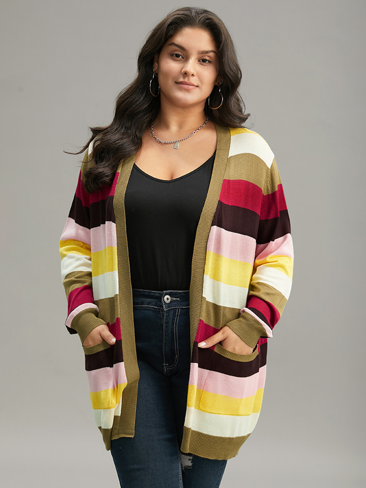 Supersoft Essentials Rainbow Striped Patched Pocket Open Front Cardigan BloomChic 