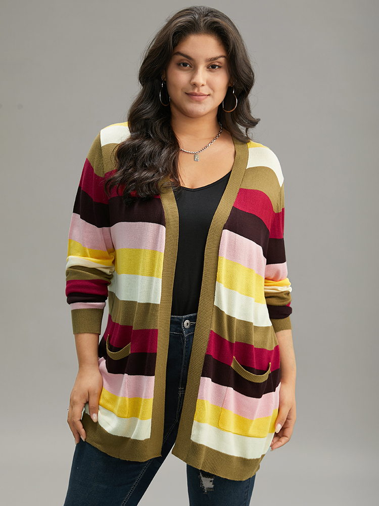 Supersoft Essentials Rainbow Striped Patched Pocket Open Front Cardigan BloomChic 