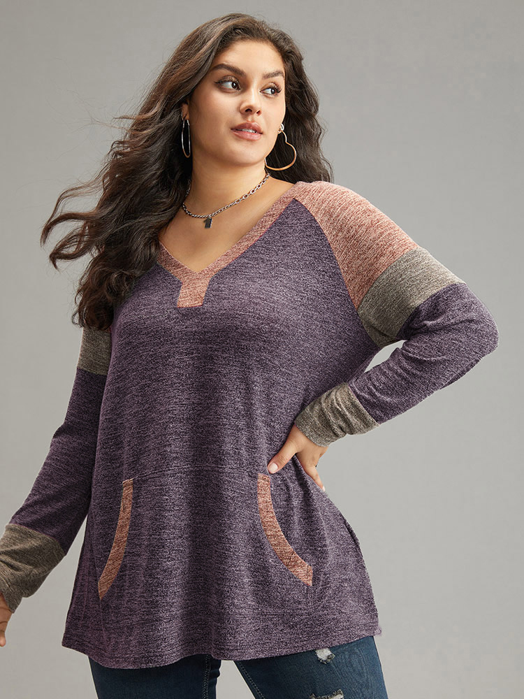 

Plus Size Contrast Pocket Raglan Sleeve T-shirt Purple Women Casual Contrast Plain V-neck Dailywear T-shirts BloomChic