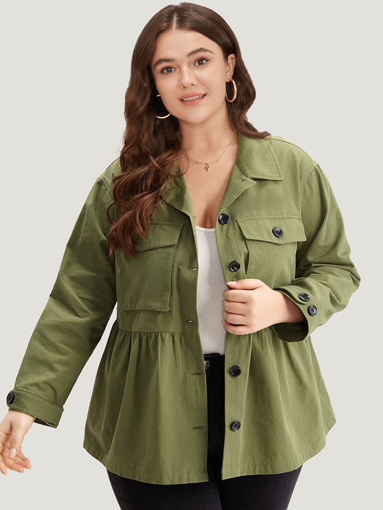 

Plus Size Solid Gathered Button Through Pocket Jacket Women Moss Casual Plain Ladies Dailywear Winter Coats BloomChic