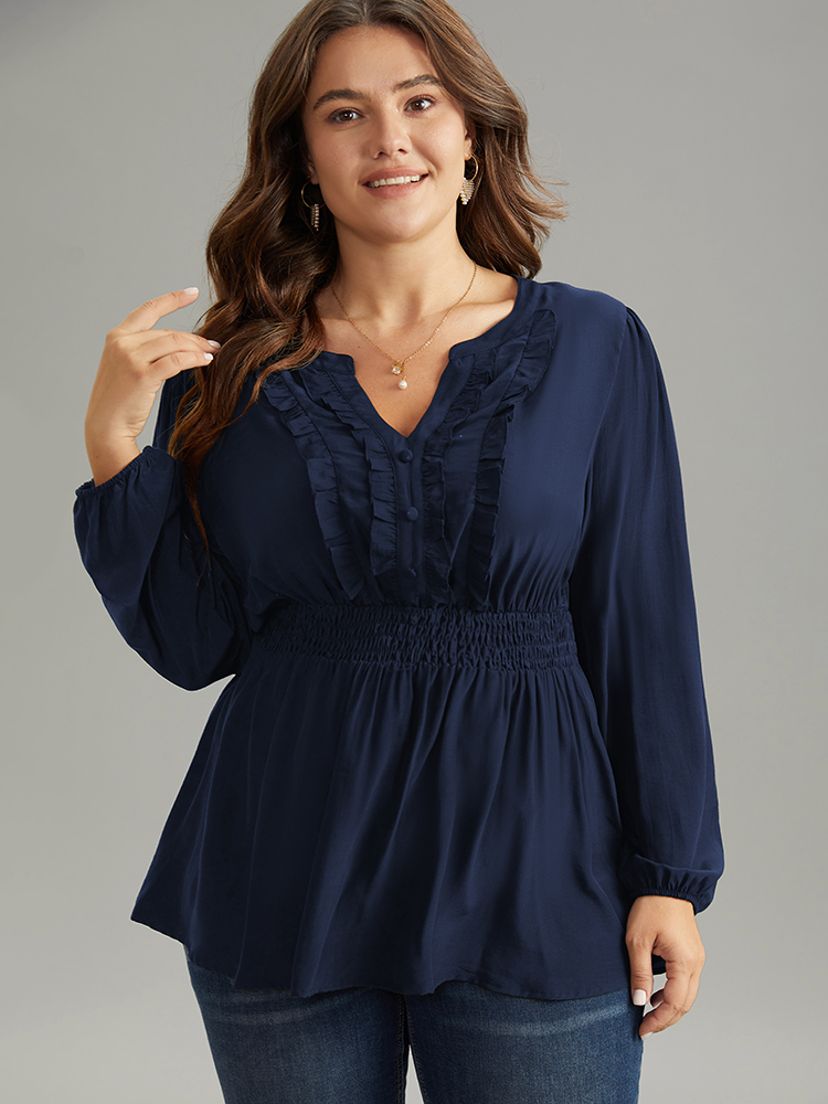 Plus Size Indigo Solid Frill Trim Shirred Flutter Hem Blouse Women Elegant Long Sleeve Notched collar Dailywear Blouses BloomChic 14-16/1X 
