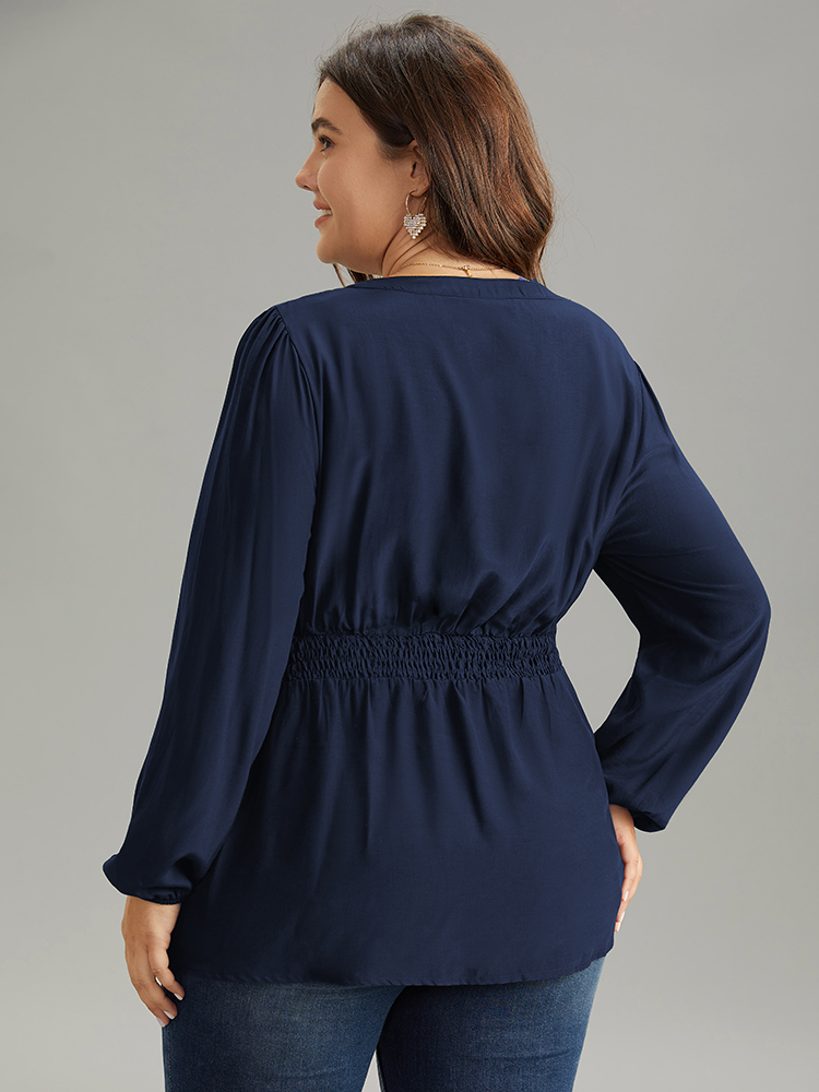 Plus Size Indigo Solid Frill Trim Shirred Flutter Hem Blouse Women Elegant Long Sleeve Notched collar Dailywear Blouses BloomChic 14-16/1X 