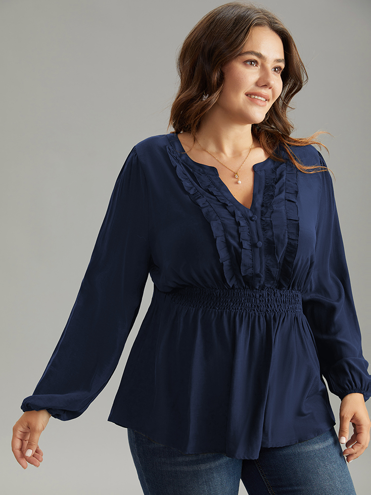 

Plus Size Indigo Solid Frill Trim Shirred Flutter Hem Blouse Women Elegant Long Sleeve Notched collar Dailywear Blouses BloomChic