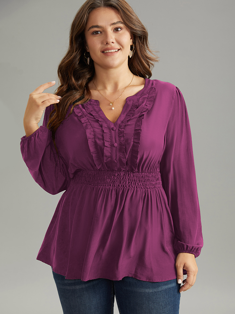 Plus Size RedViolet Solid Frill Trim Shirred Flutter Hem Blouse Women Elegant Long Sleeve Notched collar Dailywear Blouses BloomChic 10/M 