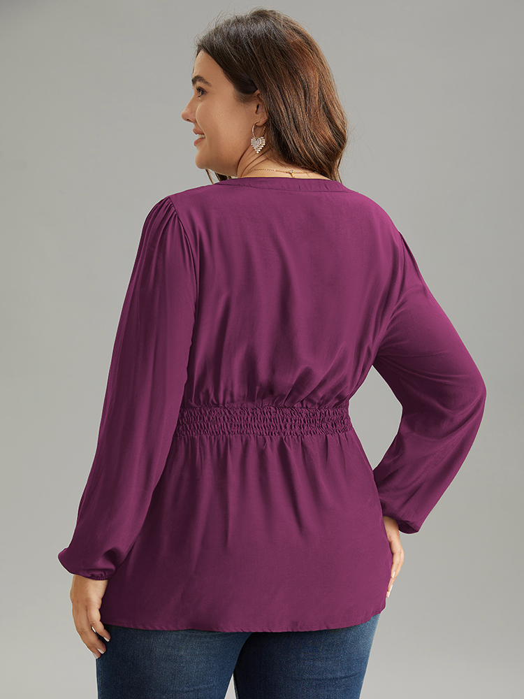 Plus Size RedViolet Solid Frill Trim Shirred Flutter Hem Blouse Women Elegant Long Sleeve Notched collar Dailywear Blouses BloomChic 10/M 