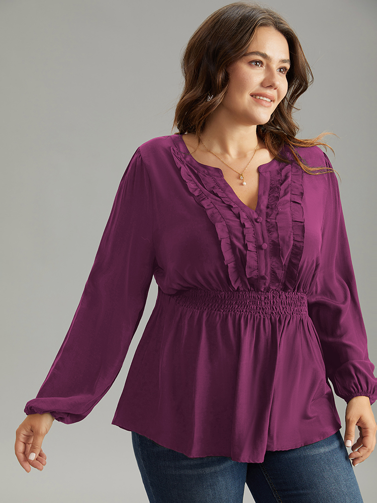 Plus Size RedViolet Solid Frill Trim Shirred Flutter Hem Blouse Women Elegant Long Sleeve Notched collar Dailywear Blouses BloomChic 10/M 
