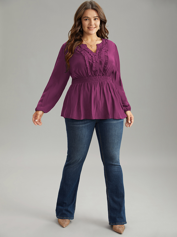 Plus Size RedViolet Solid Frill Trim Shirred Flutter Hem Blouse Women Elegant Long Sleeve Notched collar Dailywear Blouses BloomChic 10/M 