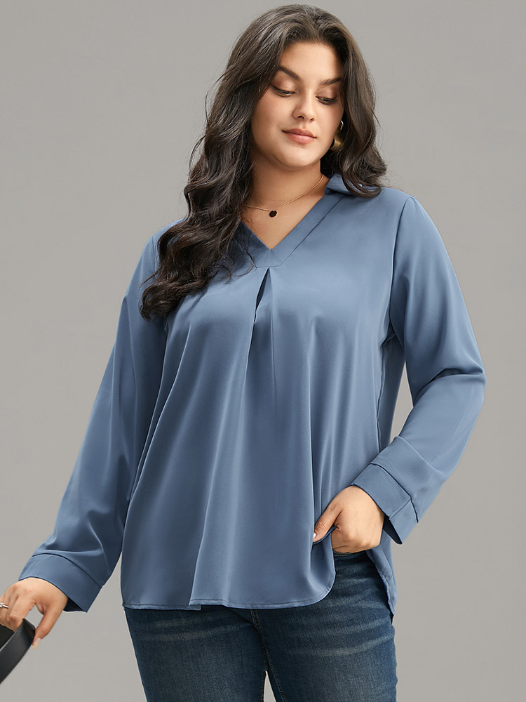 Plus Size Stone Anti-Wrinkle Plain V Neck Plicated Detail Blouse Women Office Long Sleeve V-neck Work Blouses BloomChic 28/5X 