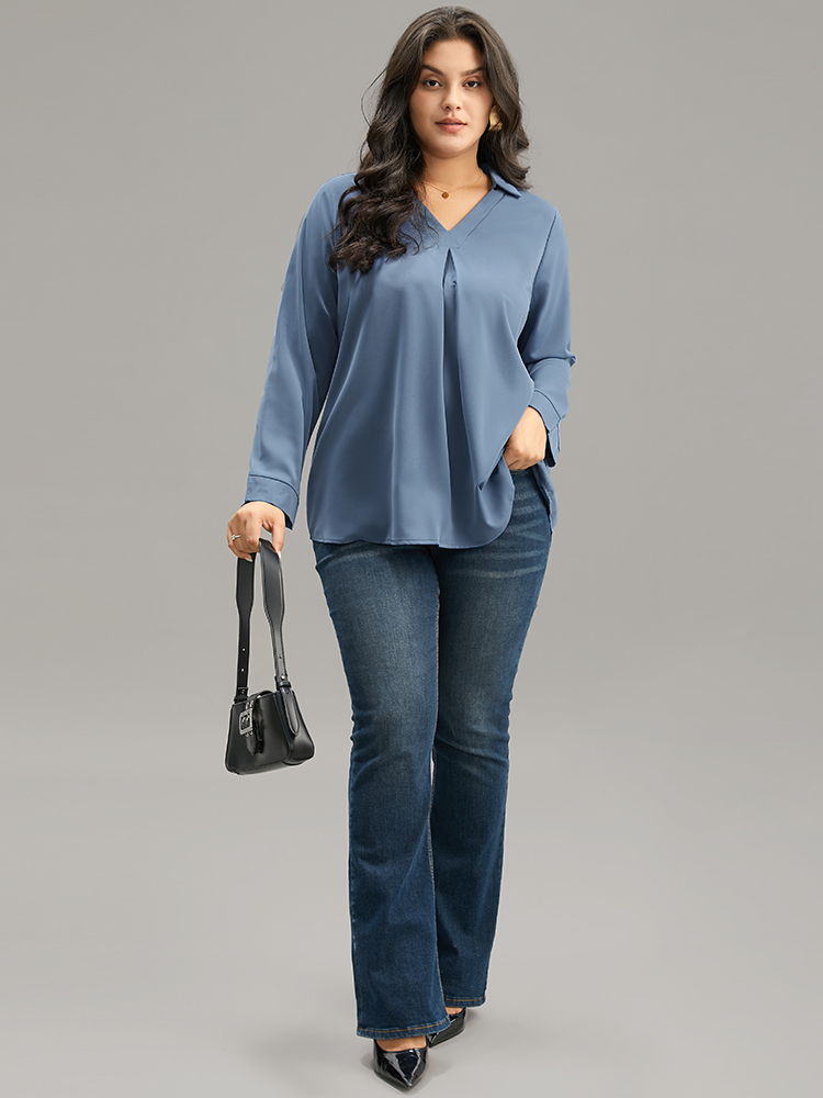 Plus Size Stone Anti-Wrinkle Plain V Neck Plicated Detail Blouse Women Office Long Sleeve V-neck Work Blouses BloomChic 28/5X 