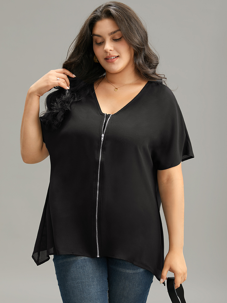 Plus Size Women Work Plain Plain Regular Sleeve Short sleeve V-neck Office Blouses BloomChic 