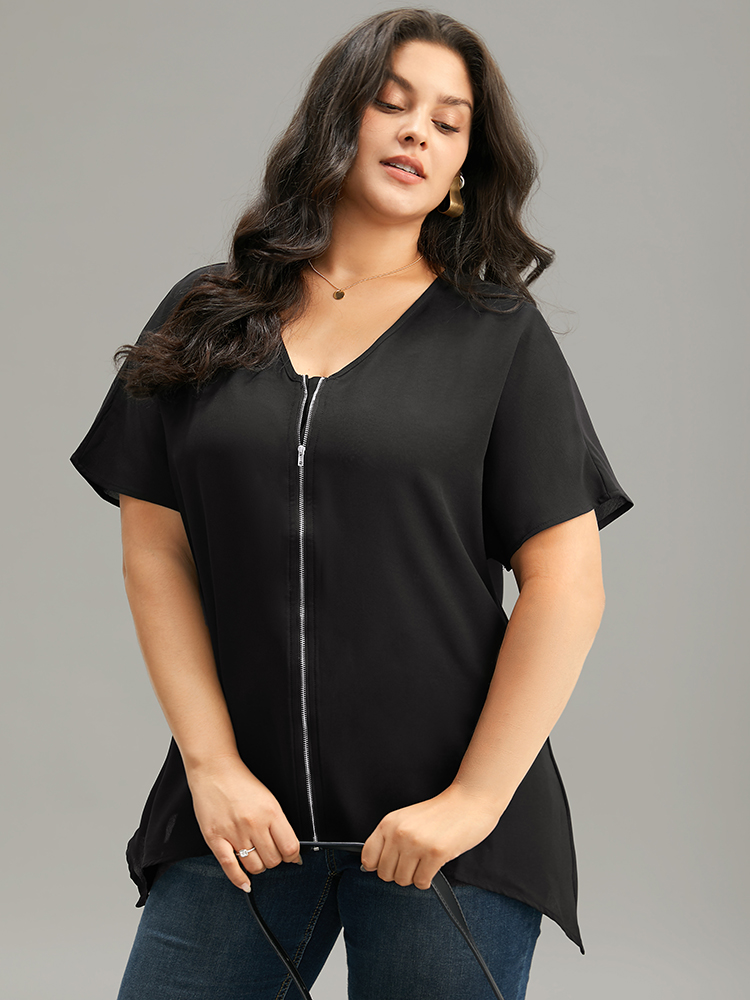 Plus Size Women Work Plain Plain Regular Sleeve Short sleeve V-neck Office Blouses BloomChic 