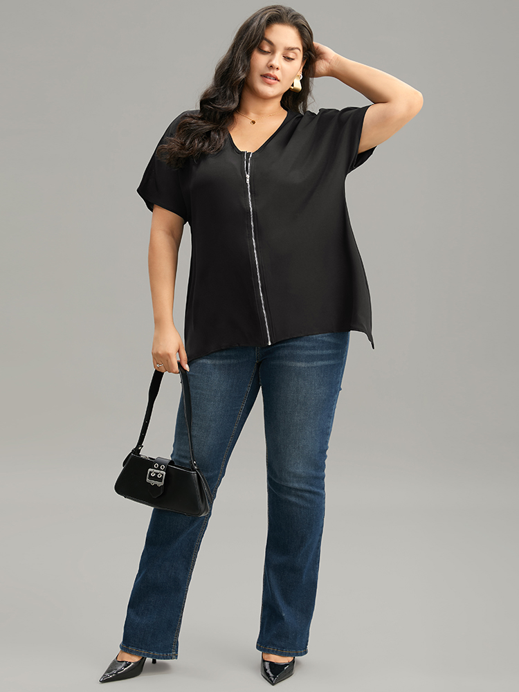 Plus Size Women Work Plain Plain Regular Sleeve Short sleeve V-neck Office Blouses BloomChic 