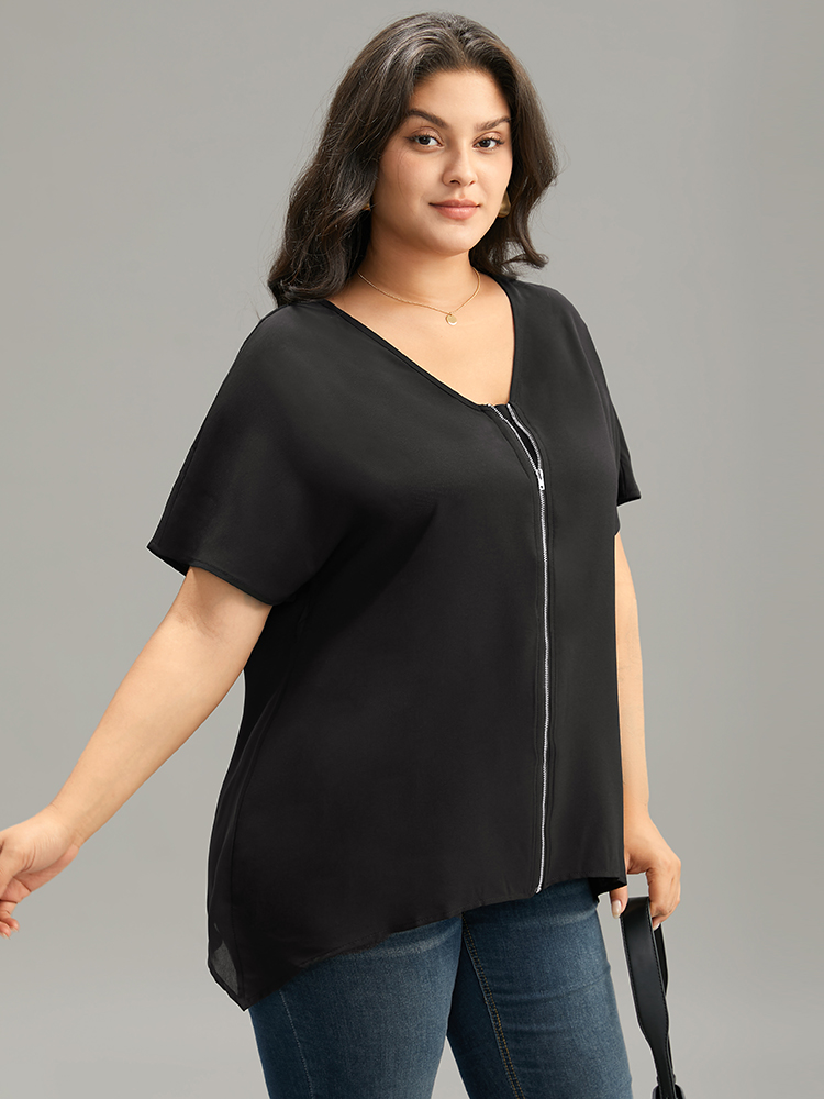 Plus Size Women Work Plain Plain Regular Sleeve Short sleeve V-neck Office Blouses BloomChic 