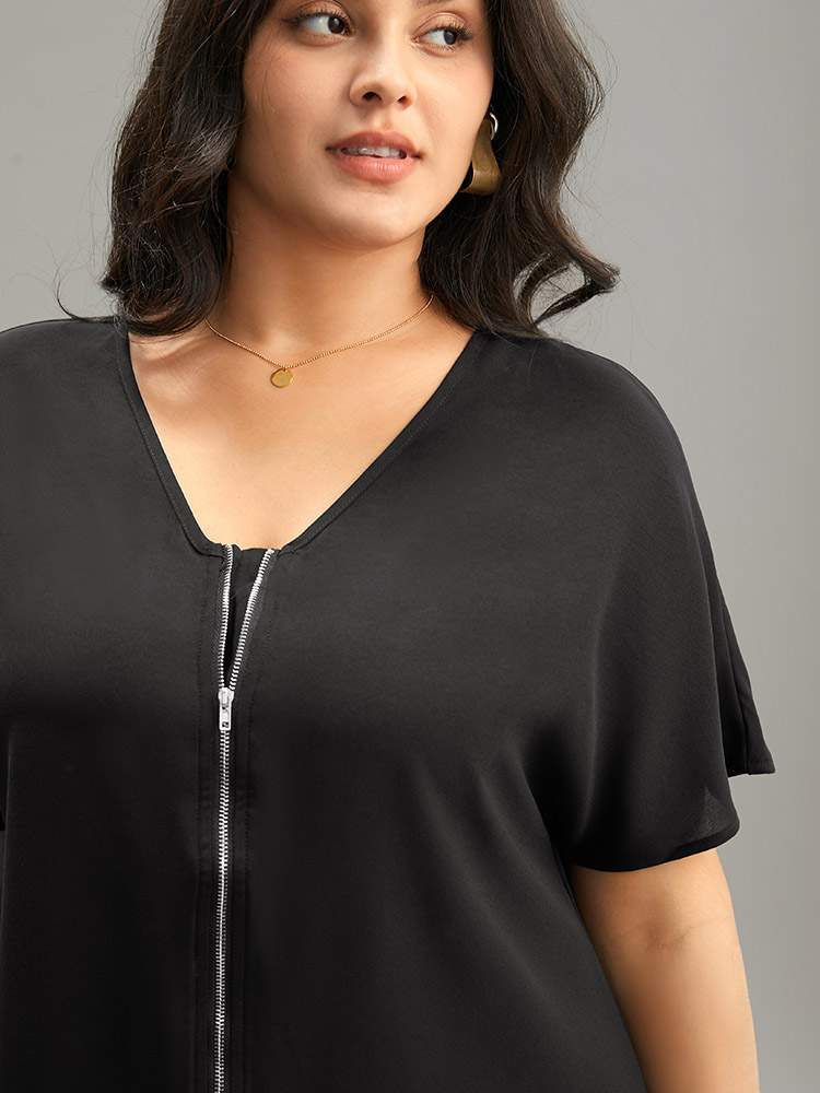 Plus Size Women Work Plain Plain Regular Sleeve Short sleeve V-neck Office Blouses BloomChic 