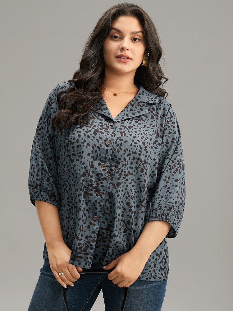 Plus Size Women Work Leopard Elastic cuffs Regular Sleeve Elbow-length sleeve Suit Collar Office Blouses BloomChic 