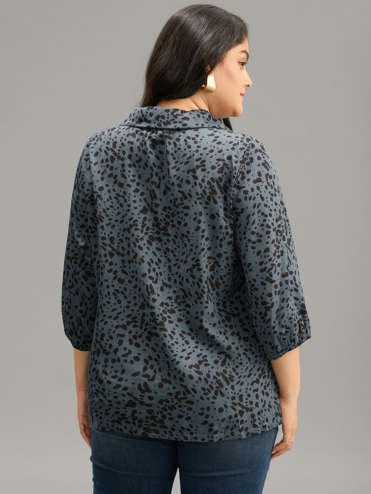 Plus Size Women Work Leopard Elastic cuffs Regular Sleeve Elbow-length sleeve Suit Collar Office Blouses BloomChic 