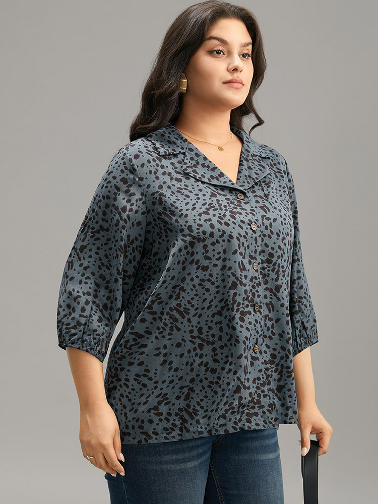 Plus Size Women Work Leopard Elastic cuffs Regular Sleeve Elbow-length sleeve Suit Collar Office Blouses BloomChic 