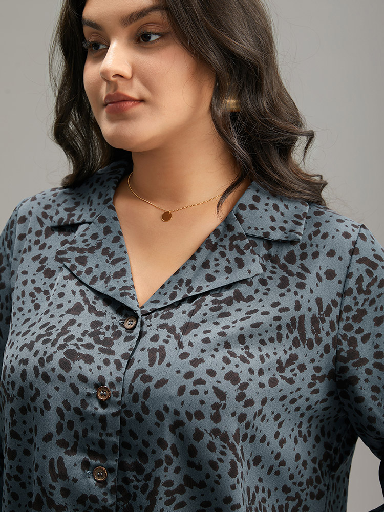 Plus Size Women Work Leopard Elastic cuffs Regular Sleeve Elbow-length sleeve Suit Collar Office Blouses BloomChic 