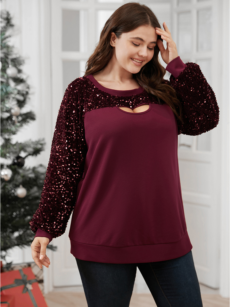 

Plus Size Solid Patchwork Cut Out Sequin Sweatshirt Women Scarlet Party Patchwork Keyhole Cut-Out Going out Sweatshirts BloomChic