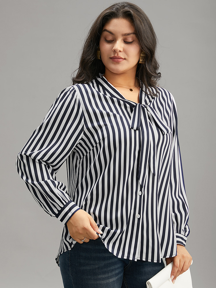 Plus Size Indigo Striped Bowknot V Neck Curved Hem Woven Top Women Office Long Sleeve Shirt collar Work Blouses BloomChic 26/4X 