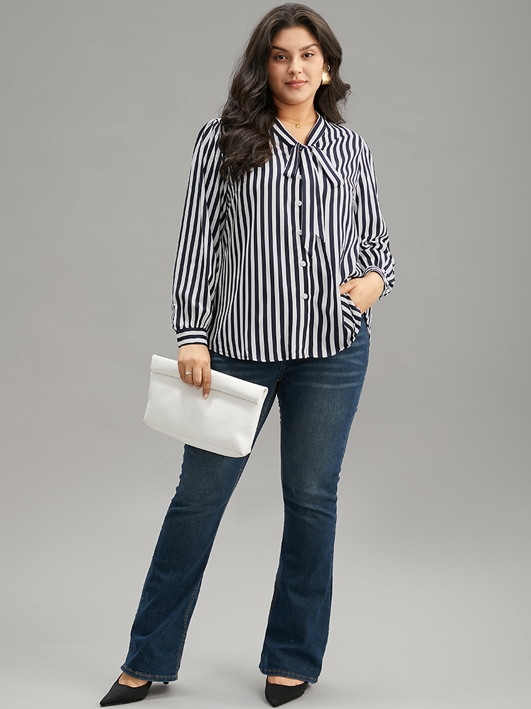 Plus Size Indigo Striped Bowknot V Neck Curved Hem Woven Top Women Office Long Sleeve Shirt collar Work Blouses BloomChic 26/4X 