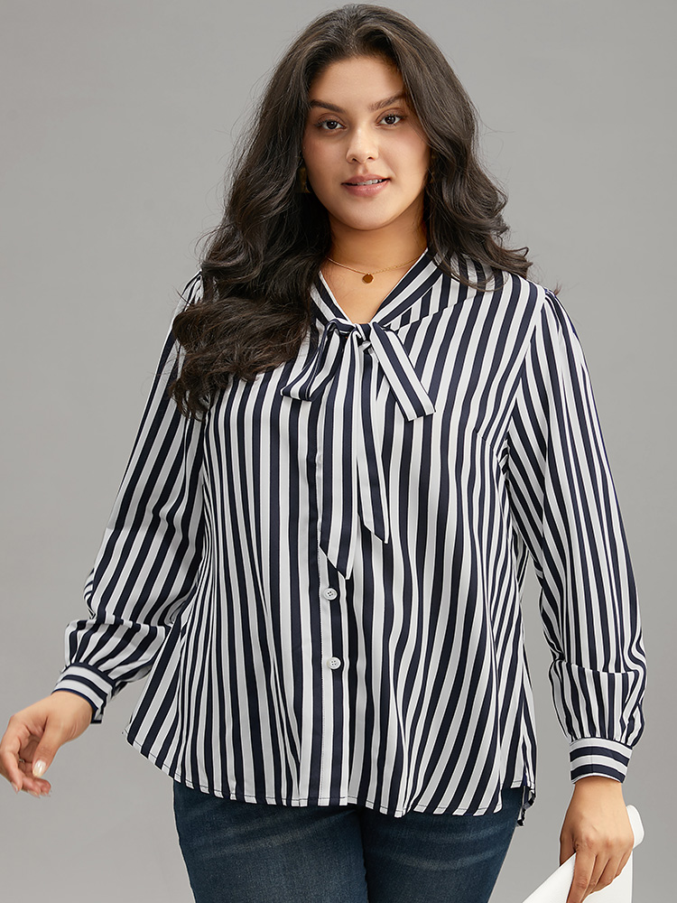 

Plus Size Indigo Striped Bowknot V Neck Curved Hem Woven Top Women Office Long Sleeve Shirt collar Work Blouses BloomChic