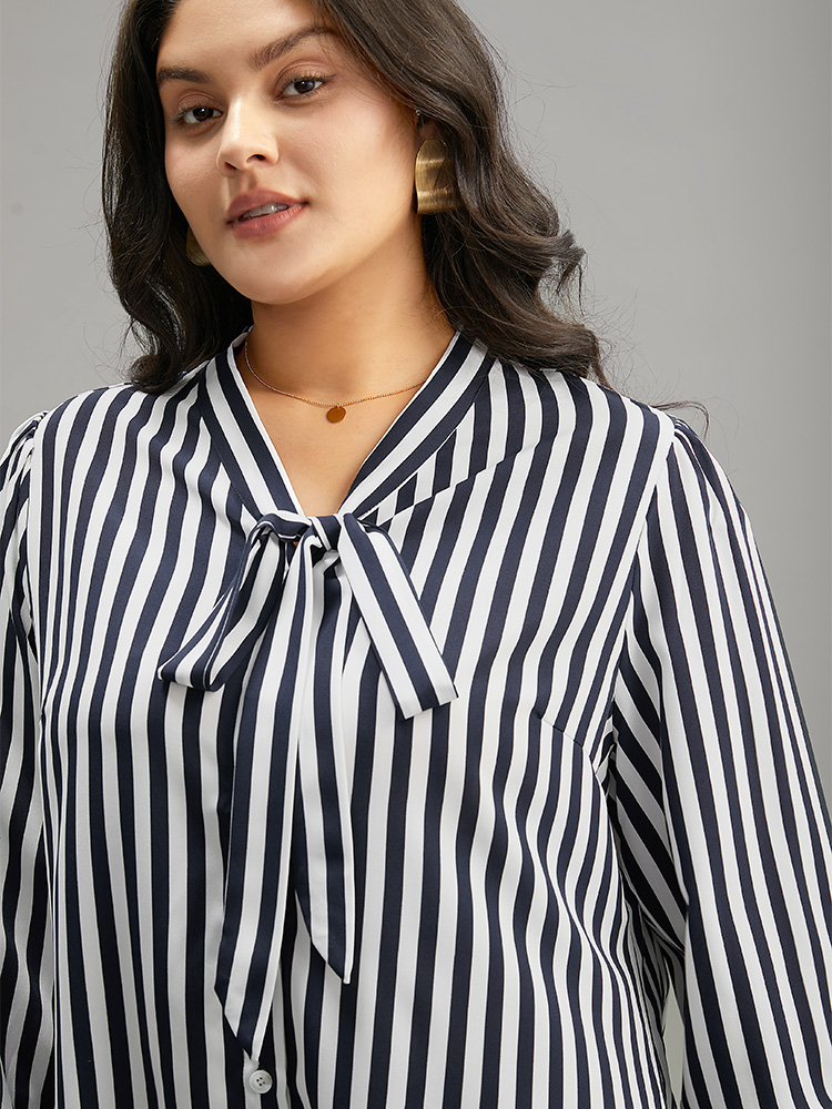 Plus Size Indigo Striped Bowknot V Neck Curved Hem Woven Top Women Office Long Sleeve Shirt collar Work Blouses BloomChic 26/4X 