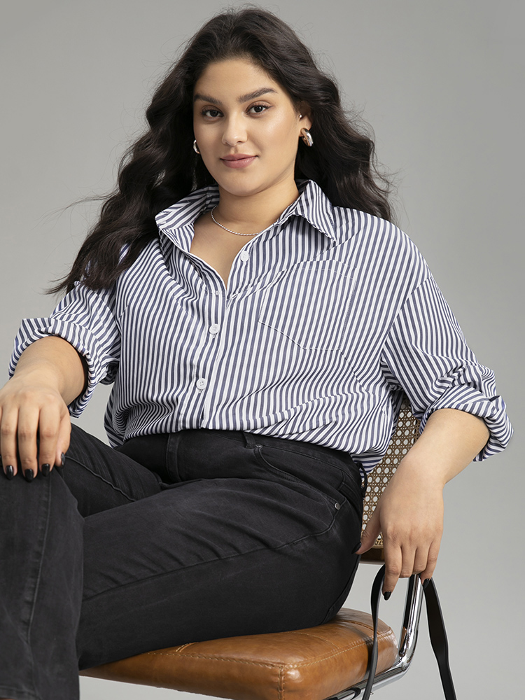 

Plus Size Striped Shirt Collar Button Up Blouse Indigo Long Sleeve Shirt collar Office Shirts