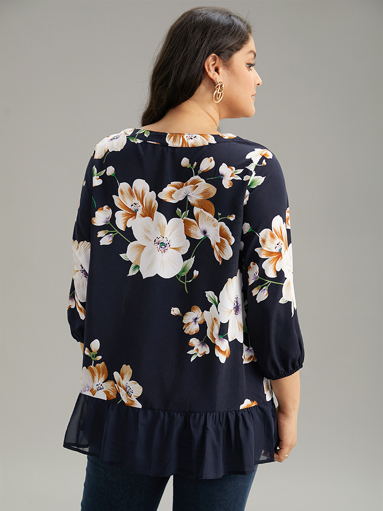 

Plus Size Indigo Chiffon Floral Keyhole Patchwork Flutters Blouse Women Elegant Elbow-length sleeve Round Neck Dailywear Blouses BloomChic