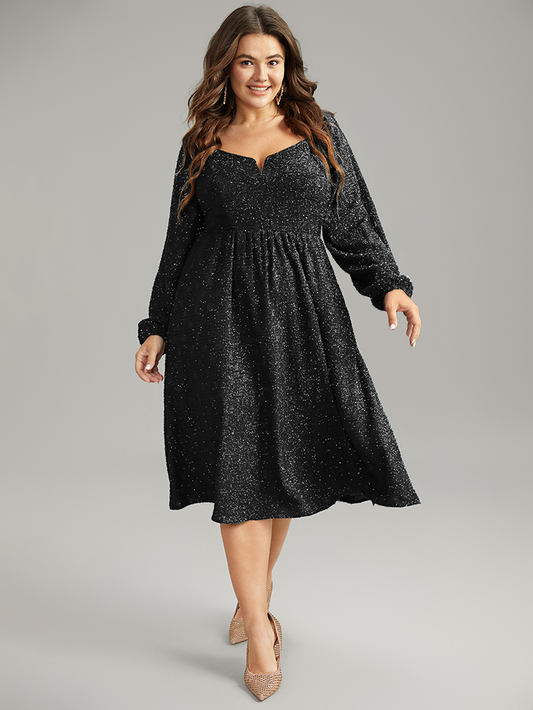 

Plus Size Plain Textured Gathered Square Neck Dress Black Women Party Elastic cuffs Notched collar Long Sleeve Curvy Midi Dress BloomChic