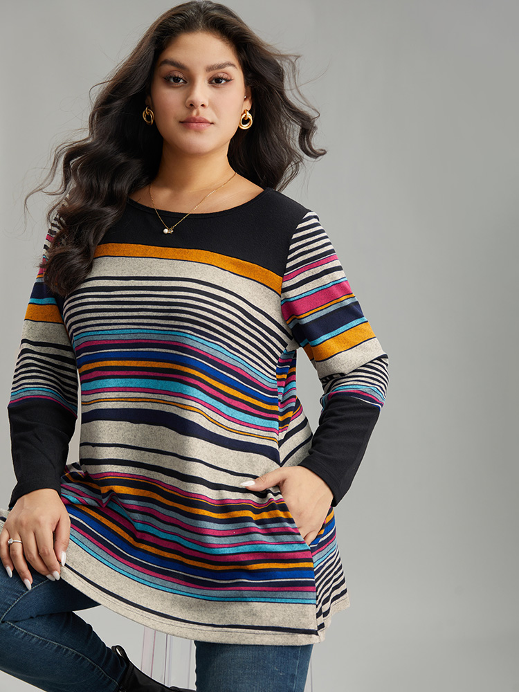 

Plus Size Colour Striped Contrast Patchwork Pocket T-shirt Indigo Round Neck Long Sleeve Elegant Jersey Tops