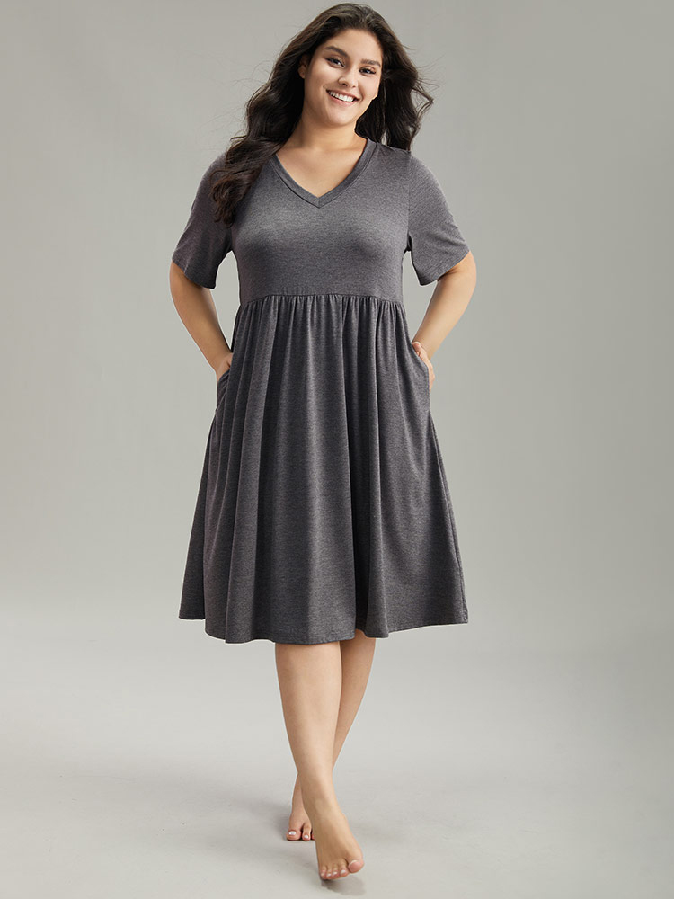 

Plus Size Plain Heather Elastic Waist Gathered Sleep Dress Gray Short sleeve V-neck Casual Dailywear  Bloomchic