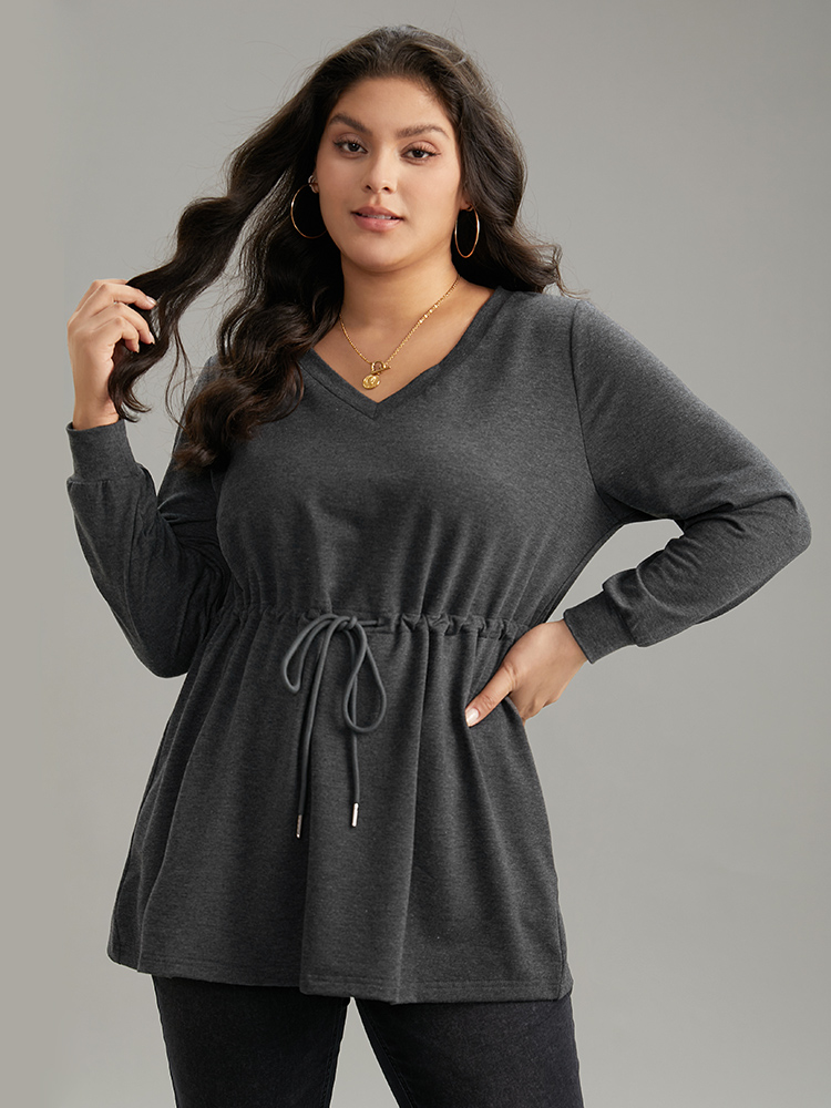 

Plus Size V Neck Plain Drawstring Knot Sweatshirt Women Gray Casual Plain V-neck Dailywear Sweatshirts BloomChic